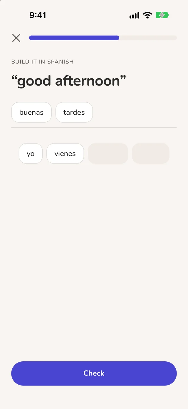 Building “good afternoon” in Spanish from word tiles