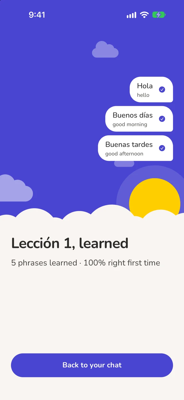 Lesson finished: five phrases learned, 100% right first time