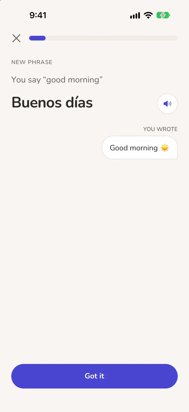 Meeting “Buenos días” next to the message “Good morning” the learner wrote