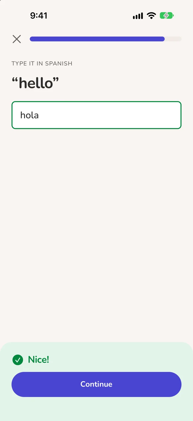 Typing “hola” for “hello”, marked correct