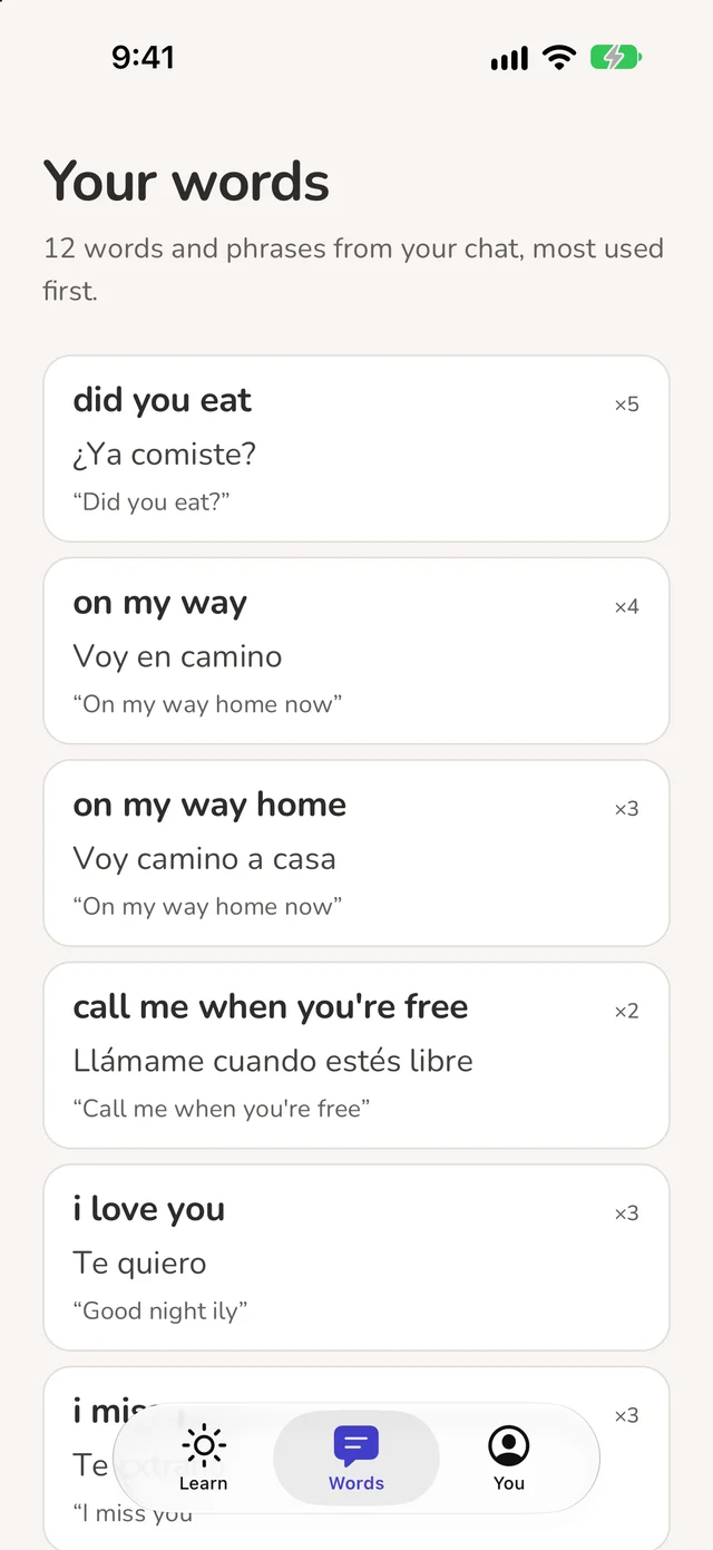 The Words tab: did you eat ×5, on my way ×4, call me when you’re free ×2, i love you ×3, each with its Spanish